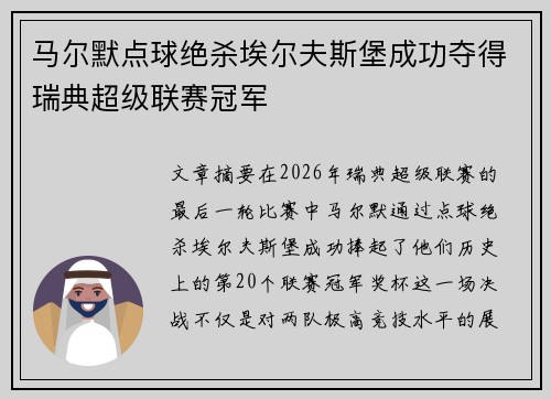 马尔默点球绝杀埃尔夫斯堡成功夺得瑞典超级联赛冠军