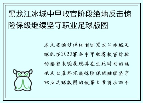 黑龙江冰城中甲收官阶段绝地反击惊险保级继续坚守职业足球版图